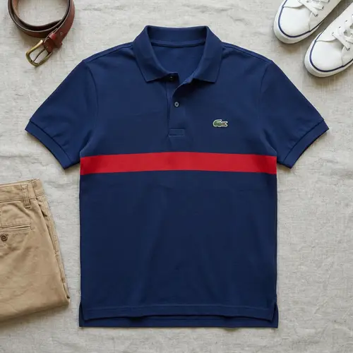 Blue Polo Shirt with Red Stripe & Crocodile Logo | Casual Wear