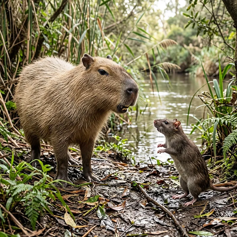 Capybara and Rat Encounter: A Naturalistic Standoff