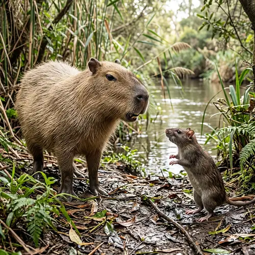 Capybara vs Rat: Unlikely Rodent Encounter in Natural Setting
