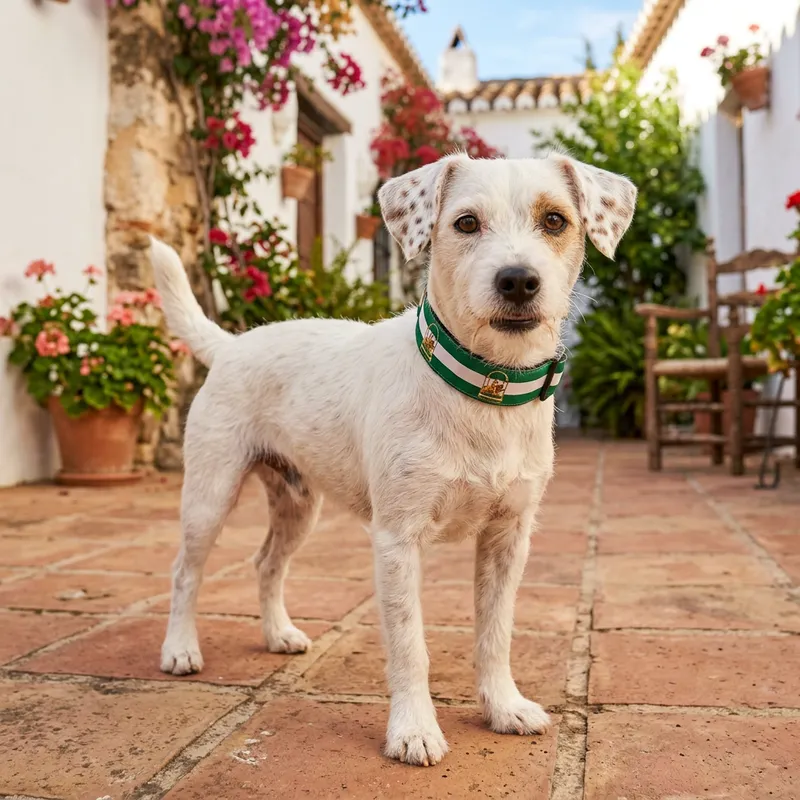 Medium-Sized White Dog with Brown Spots and Andalusian Flag Collar