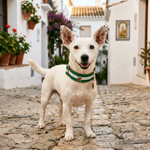 Medium-Sized White Dog with Andalusian Flag Collar