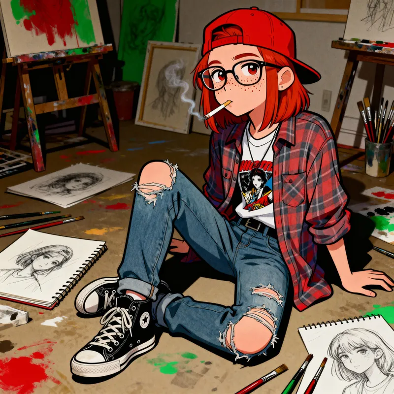 1990s-Inspired Animated Art Scene with Ginger Teen