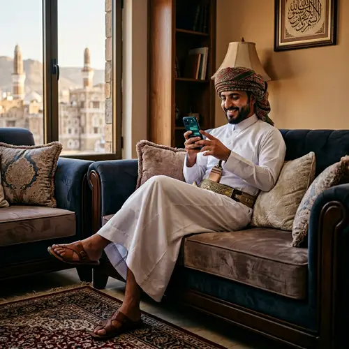 Young Middle-Eastern Man in Traditional Yemeni Attire on Sofa with Mobile Device