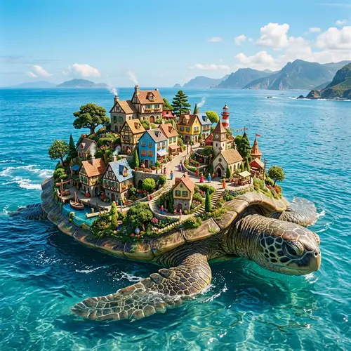 Whimsical Village on a Giant Turtle