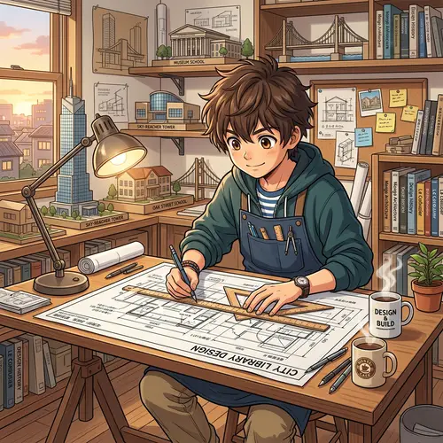 Young Anime Architect Drafting Blueprints | Creative Designs