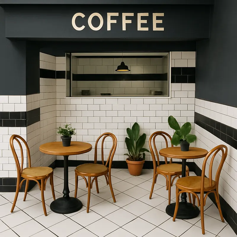 Coffee Shop Inspired Entrance with Tables and Chairs