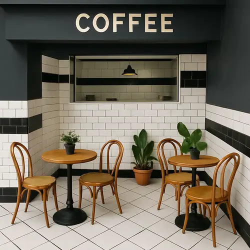 Coffee Shop Inspired Entrance with Tables and Chairs