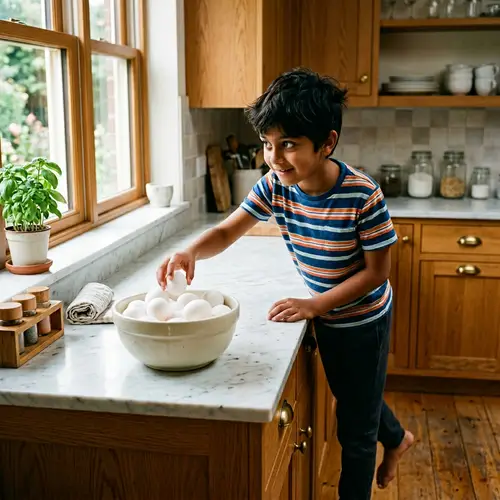 Mischievous South Asian Boy Reaching for Fresh Eggs in Kitchen