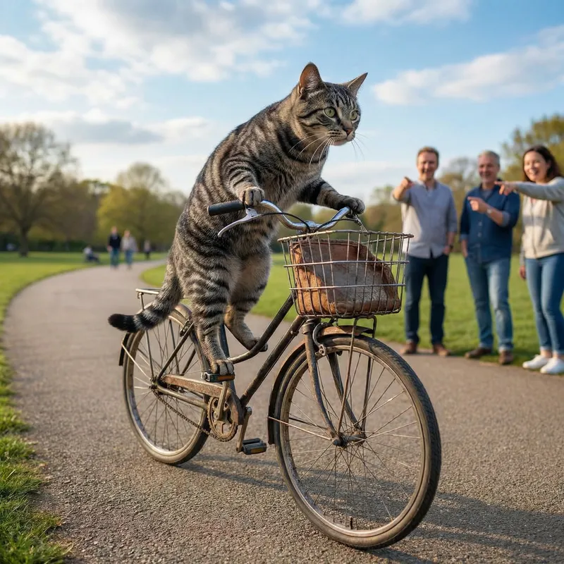 Hyperrealistic Cat Riding a Bicycle - A Unique Scene in the Park