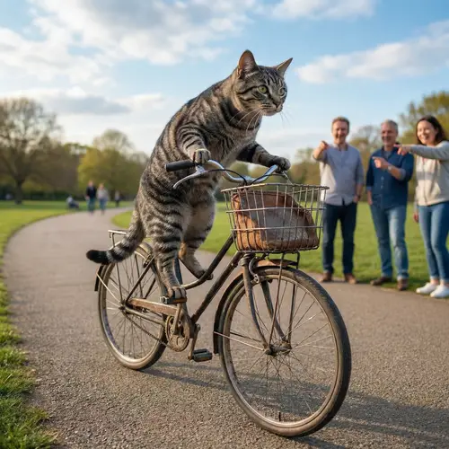 Hyperrealistic Cat Riding a Vintage Bicycle in Park