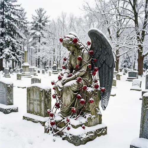 Female Angel Statue with Graphite Wings in Snowy Cemetery