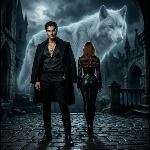 Dark Fantasy Vampire Couple and Ghostly Wolf Scene