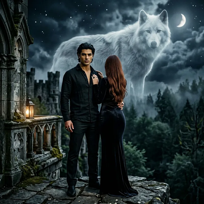 Beautiful Vampire Pair with Mysterious White Wolf | Dark Fantasy Photography