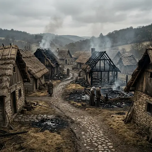 Rustic Peasant Village Scene Aftermath of a Fire