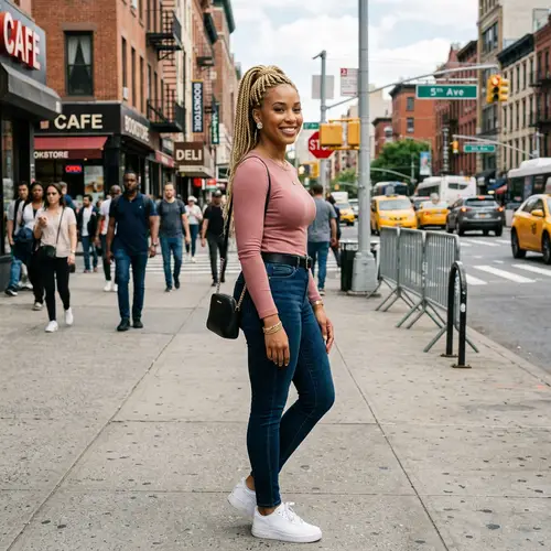 Stylish African American Woman in Pink Shirt & Jeans on Urban Street