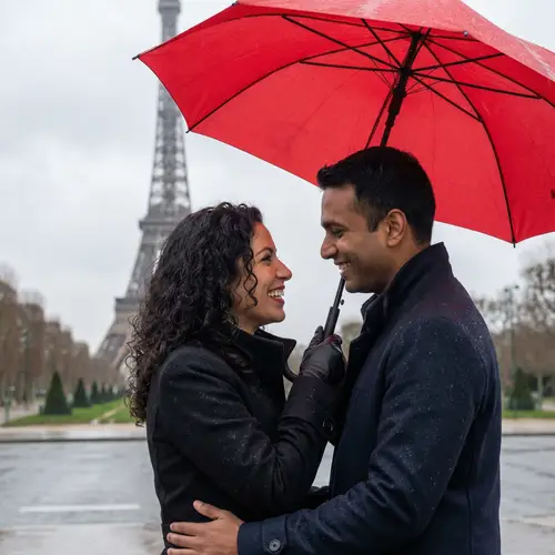 Romantic Couple Under Red Umbrella at Eiffel Tower