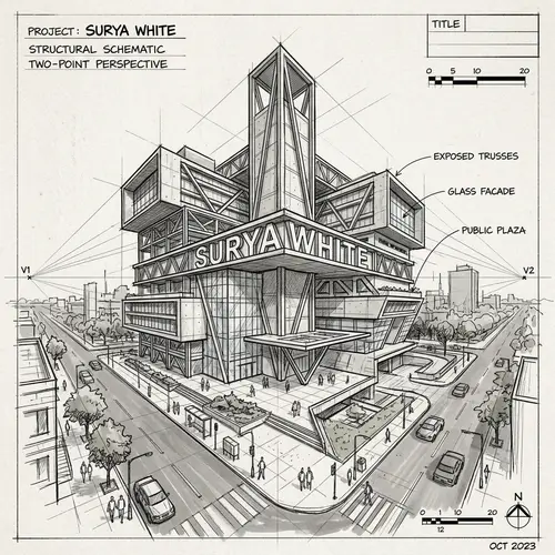 Architectural Sketch: Surya White in Two-Point Perspective