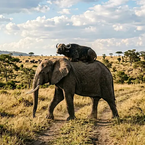 Buffalo Riding on Elephant in Serene Natural Landscape