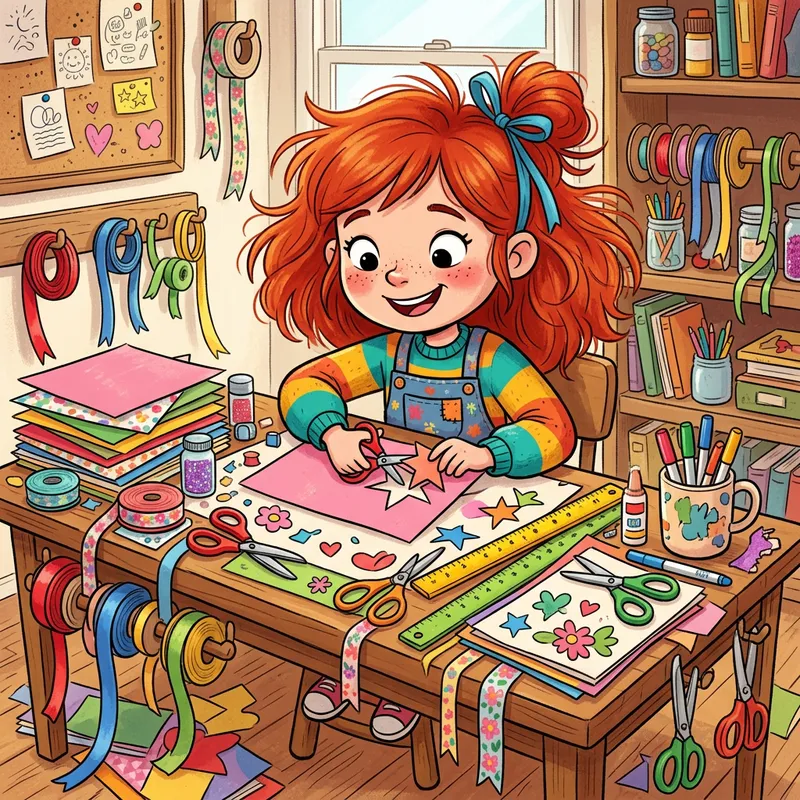 Red-Haired Girl Crafts with Scissors and Papers