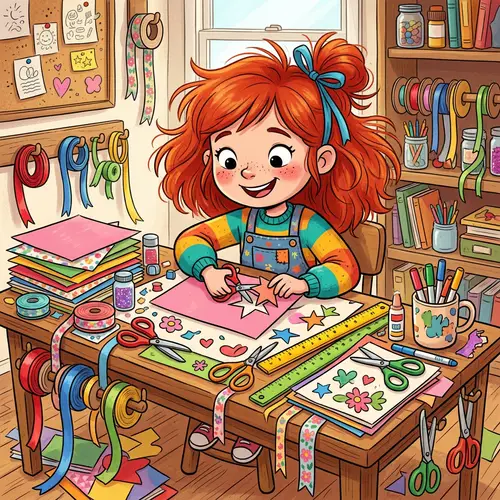 Red-Haired Girl Crafts with Scissors and Papers