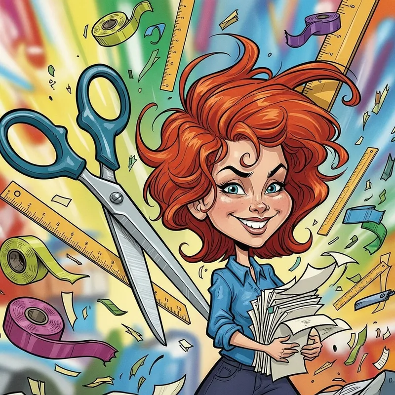 Red-Haired Girl Crafts with Scissors and Papers