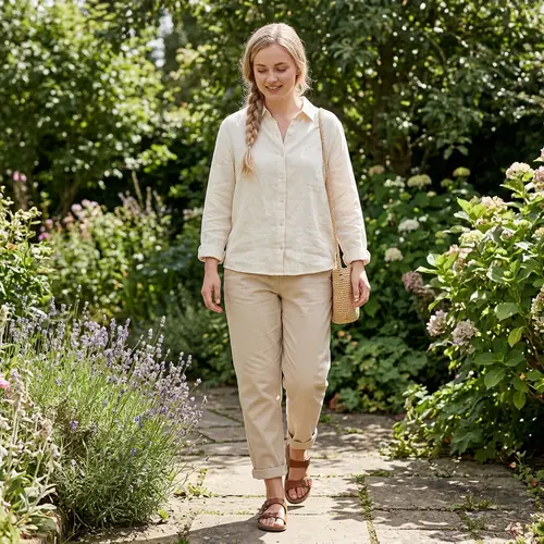 Stylish Young Woman in Casual Light Outfit