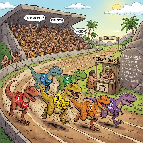 Cartoon T-Rex 100 Sprint Race with Neanderthal Crowd