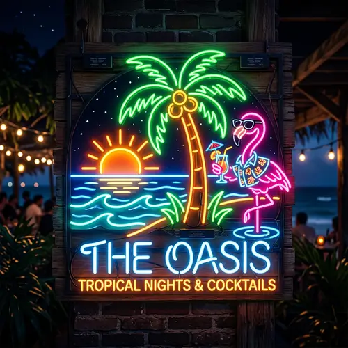 Glowing Tropical Neon Sign: Coconut Tree, Flamingo & Sea