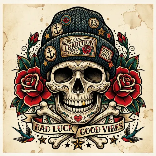 Smiling Skull with Beanie - American Traditional Tattoo