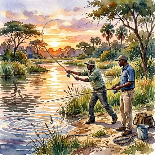 African Men Fishing by Meandering River at Sunset