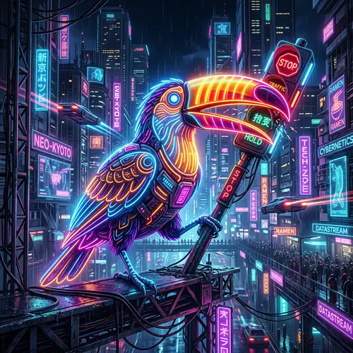 Neon-lit Toucan in Futuristic Metropolis Art