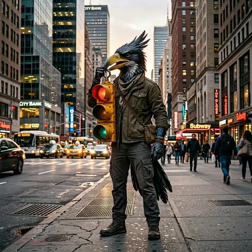 Tall Anthropomorphic Bird in Urban Cityscape with Traffic Signal