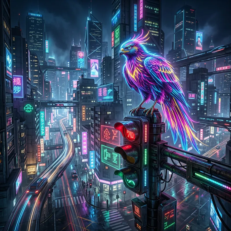 Neon Cyberpunk Bird Creature in Futuristic Cityscape with Vibrant Lights