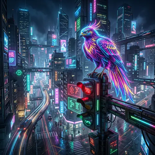 Neon Cyberpunk Bird Creature in Futuristic Cityscape