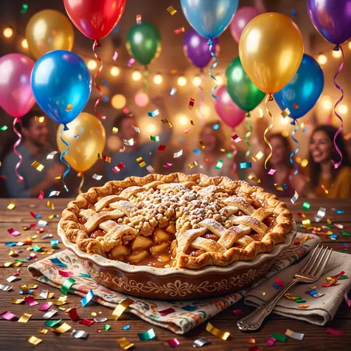 Delicious Festive Pie Artwork with Confetti and Balloons