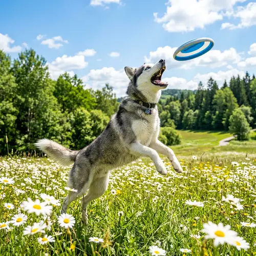 Playful Siberian Husky Enjoying Sunny Day in Field of Daisies