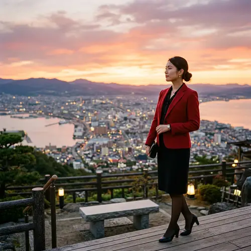 Japanese Woman in Red Suit at Sunset