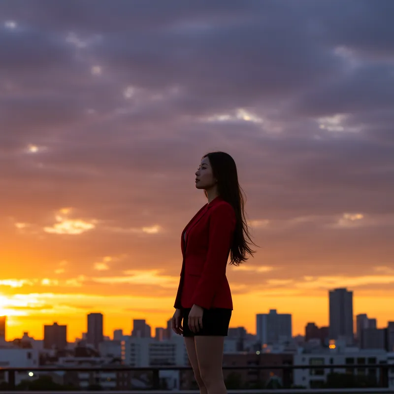 Japanese Woman in Red Suit at Sunset Japanese Woman in Red Suit at Sunset