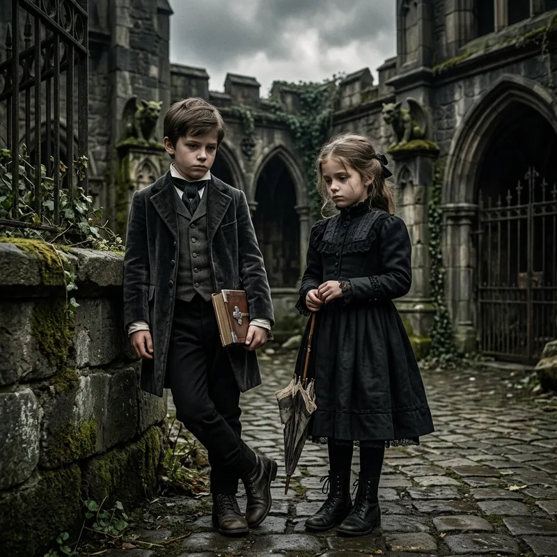 Gothic Style Portrait of Young Boy and Girl - Dark Vampiric Ambiance