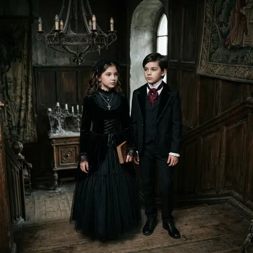Gothic Style Boy and Girl in Chilling Setting - Dark Vampire Attire