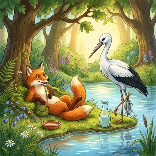 Fox and Stork Fable Scene in Picturesque Forest
