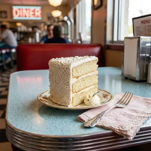 Lace-Covered Vanilla Cake Slice in Retro Diner