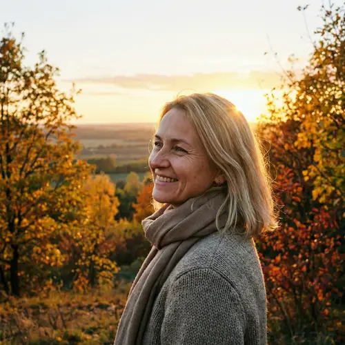 Slavic Woman Smiling at Sunset in Autumn