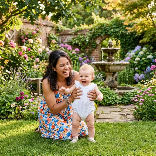Caucasian Baby Playing with Hispanic Mother in Vibrant Garden