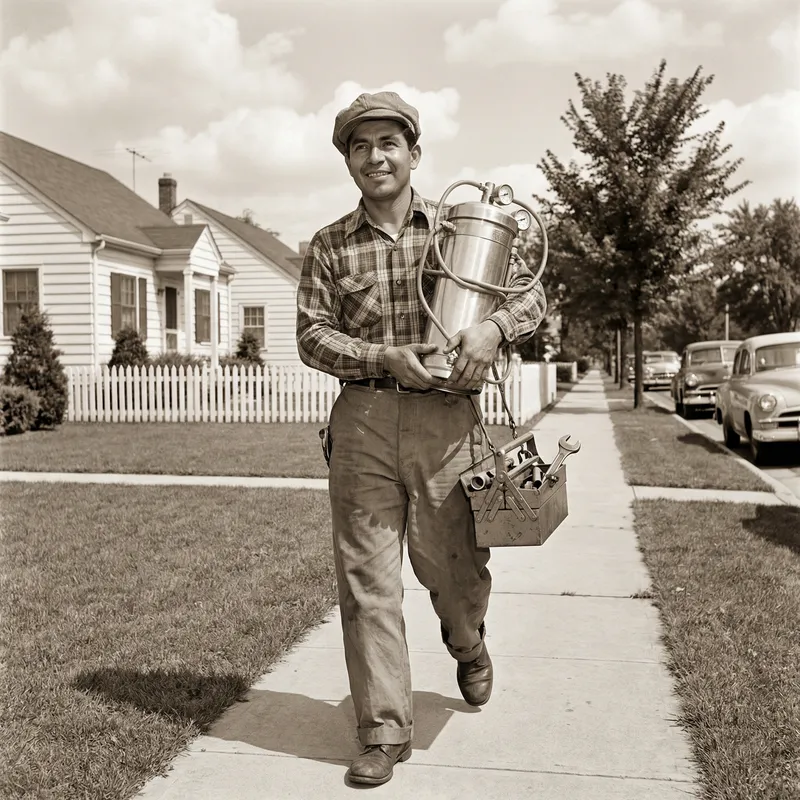 1950s Plumber Hustling with Filtration System | Vintage Plumbing Service