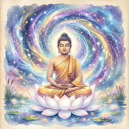 Enchanting Buddha Meditation on White Lotus - Fairytale Illustration