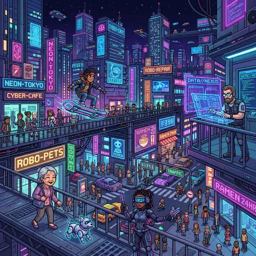 Pixelated Cyber City: Diverse Men and Women in Futuristic Setting