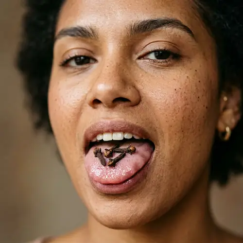 Diverse Person Holding Cloves on Tongue | Rich Brown Texture