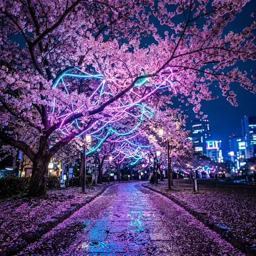 Enchanting Cherry Blossoms Illuminated by Neon Lights