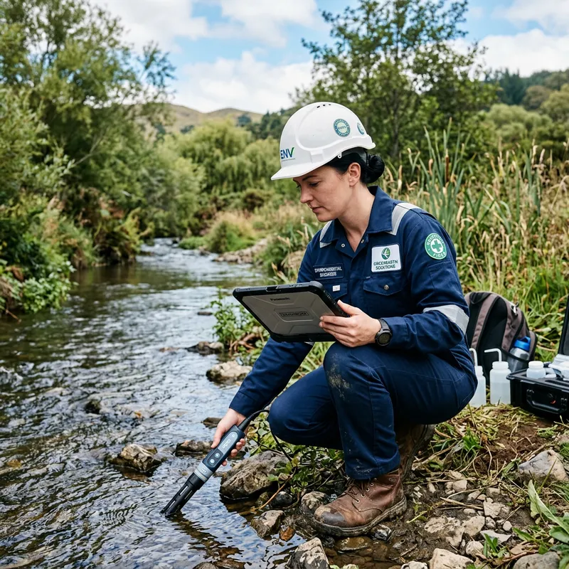 Caucasian Environmental Engineer in Blue Uniform with White Helmet